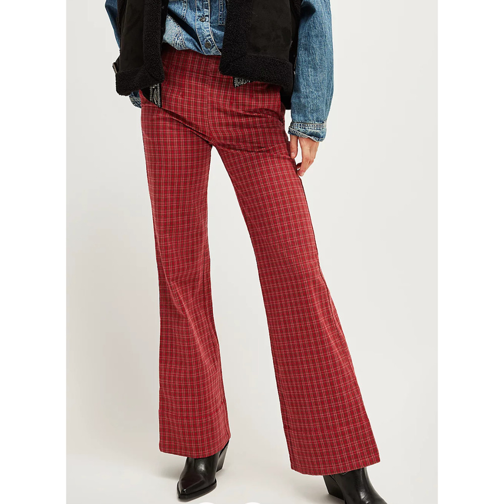 NEW FREE PEOPLE RED PLAID SOFIA WIDE FLARE PANTS SZ 0